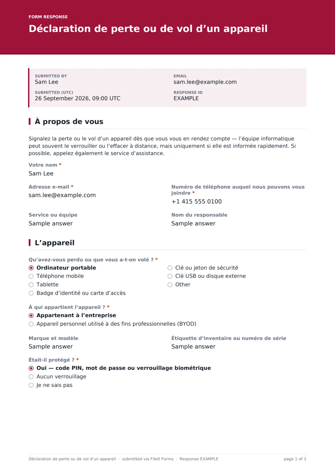Déclaration de perte ou de vol d’un appareil — exemple de réponse au format PDF, page 1 sur 3