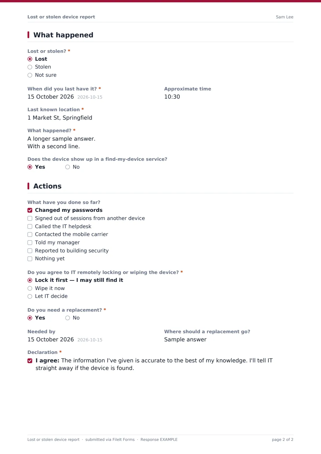 Lost or stolen device report — example response PDF, page 2 of 2