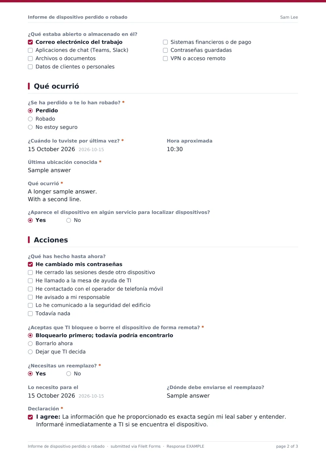 Informe de dispositivo perdido o robado — PDF de respuesta de ejemplo, página 2 de 3