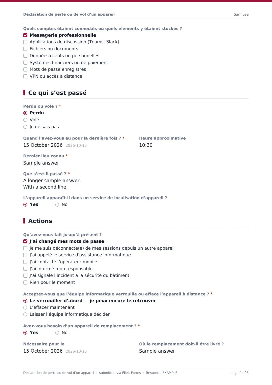 Déclaration de perte ou de vol d’un appareil — exemple de réponse au format PDF, page 2 sur 3