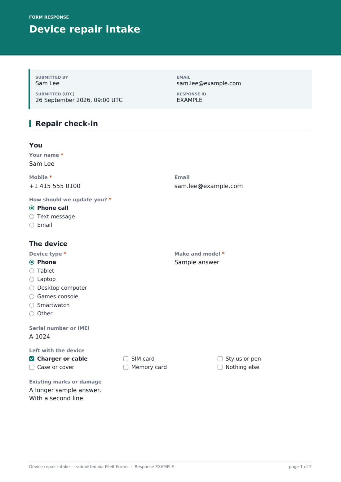 Device repair intake — example response PDF, page 1 of 2