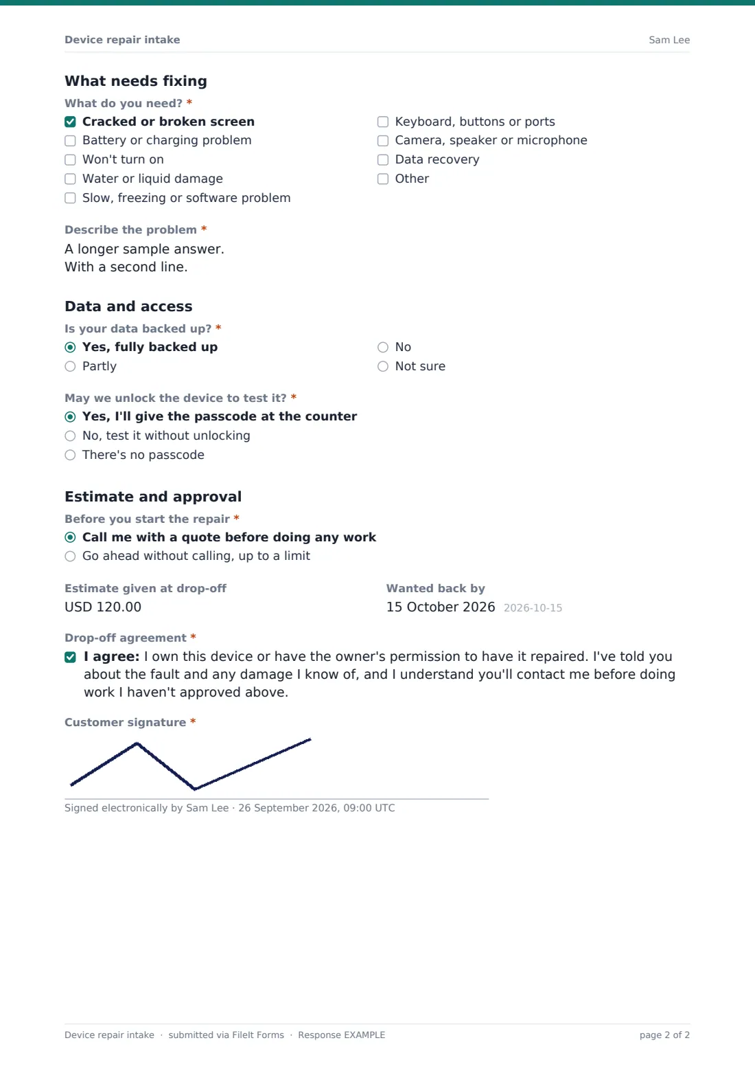 Device repair intake — example response PDF, page 2 of 2
