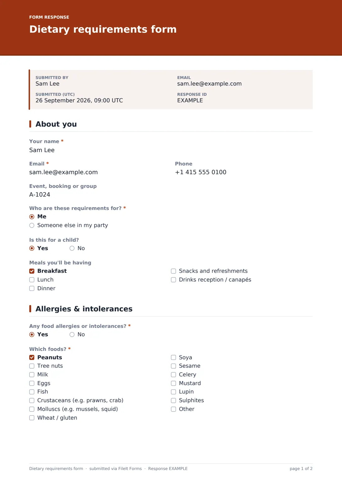 Dietary requirements form — example response PDF, page 1 of 2