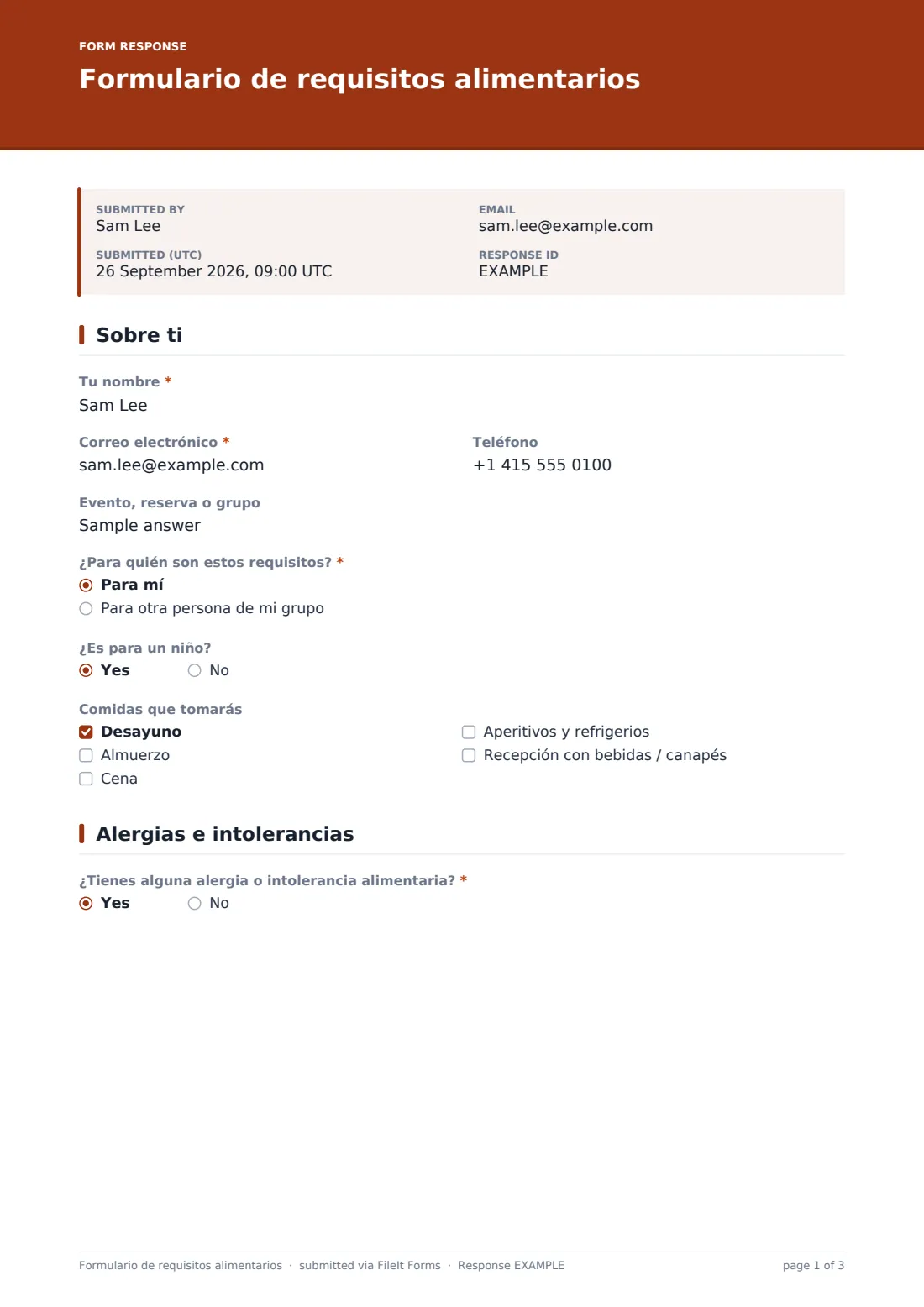 Formulario de requisitos alimentarios — PDF de respuesta de ejemplo, página 1 de 3