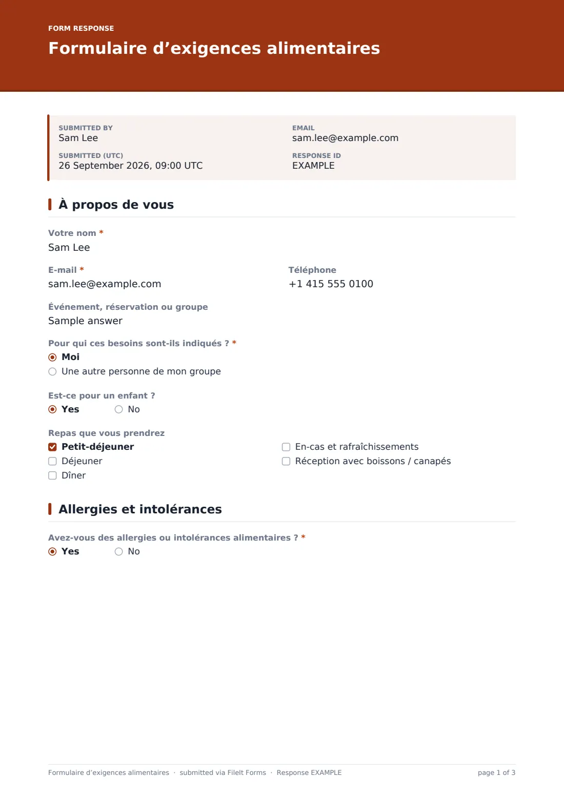 Formulaire d’exigences alimentaires — exemple de réponse au format PDF, page 1 sur 3