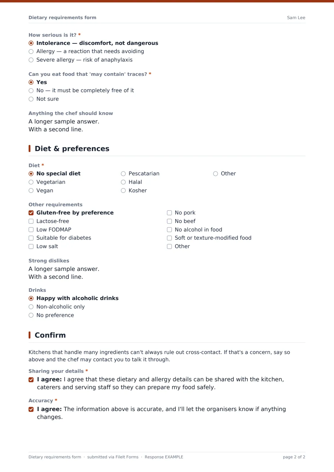 Dietary requirements form — example response PDF, page 2 of 2