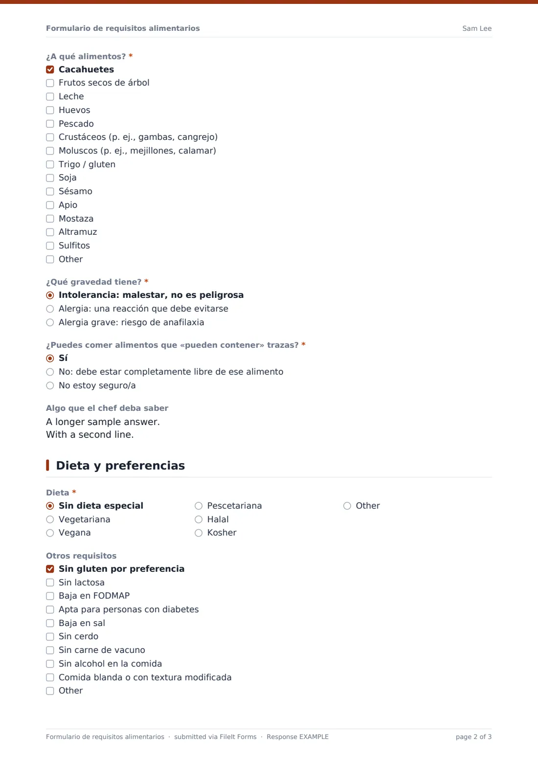 Formulario de requisitos alimentarios — PDF de respuesta de ejemplo, página 2 de 3