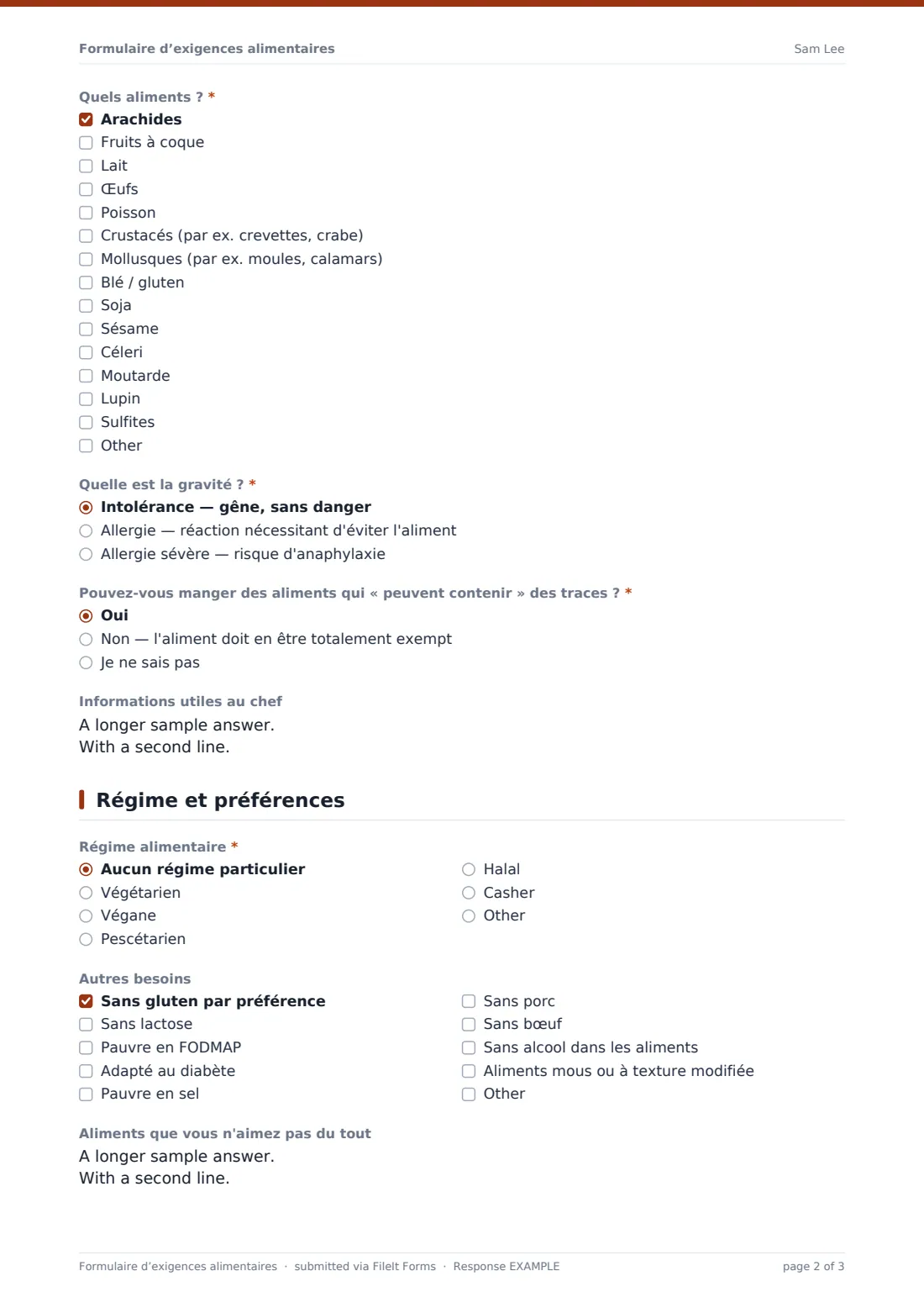 Formulaire d’exigences alimentaires — exemple de réponse au format PDF, page 2 sur 3