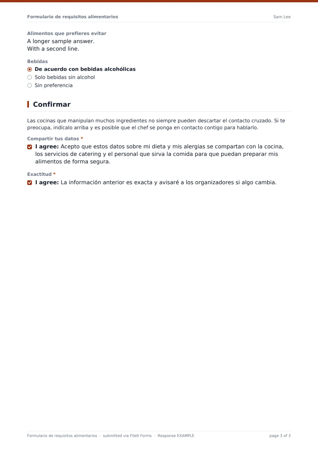 Formulario de requisitos alimentarios — PDF de respuesta de ejemplo, página 3 de 3