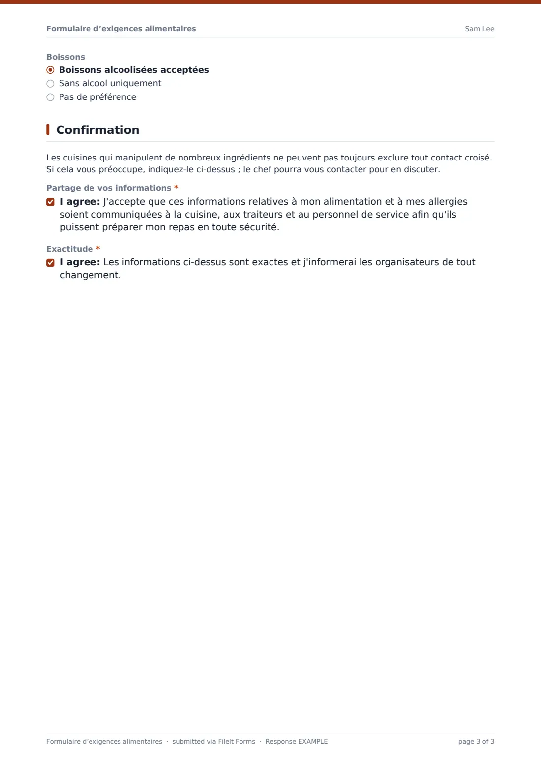 Formulaire d’exigences alimentaires — exemple de réponse au format PDF, page 3 sur 3