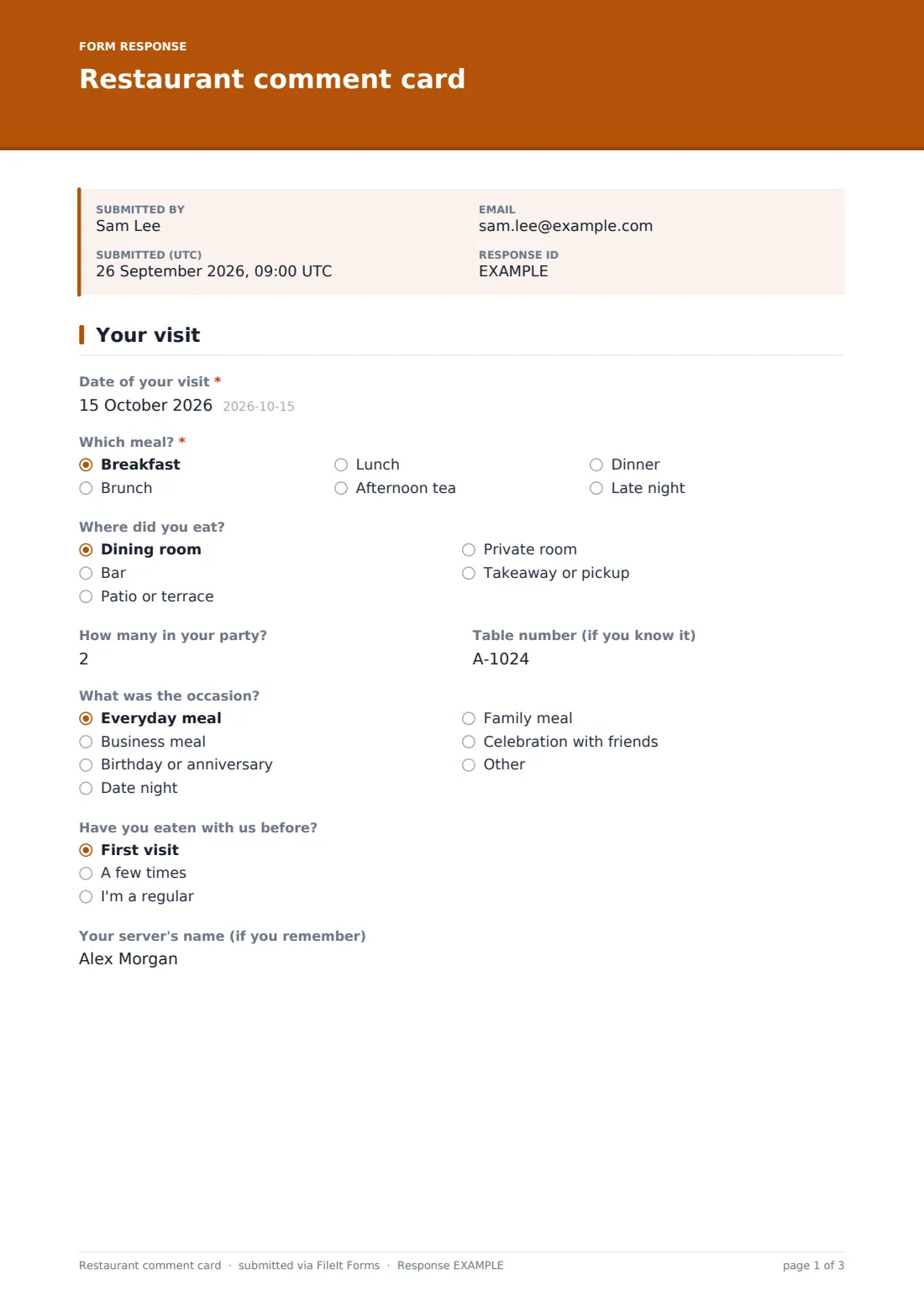 Restaurant comment card — example response PDF, page 1 of 3