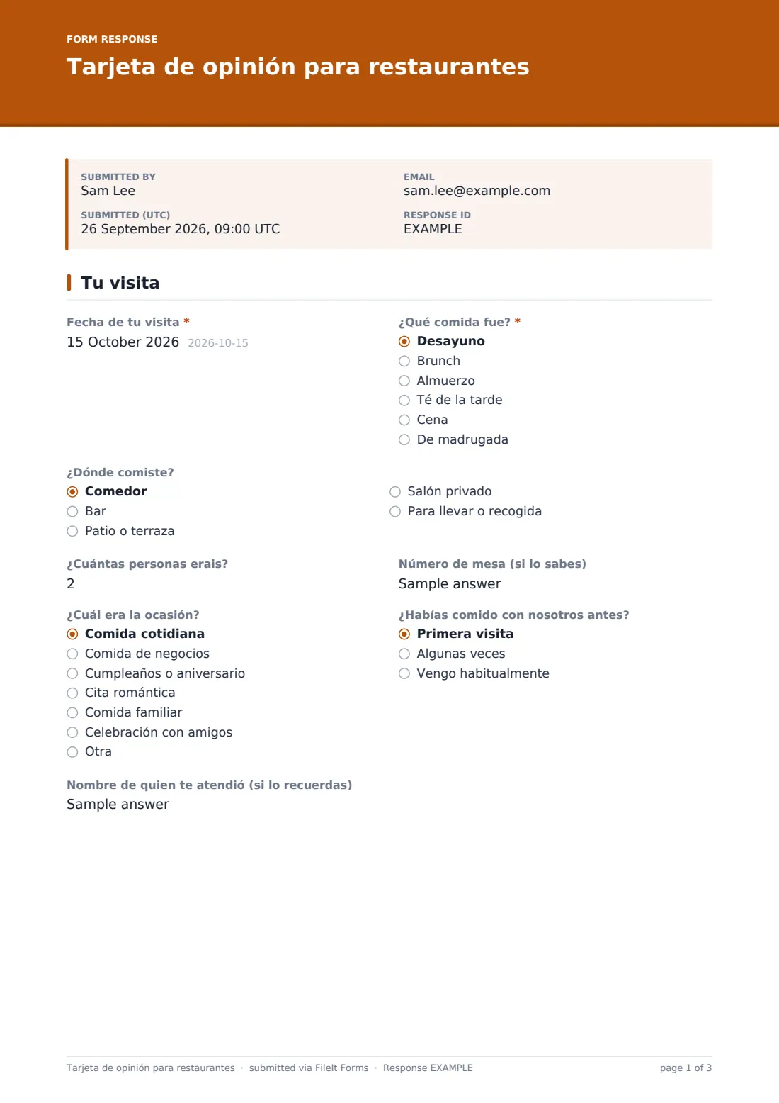 Tarjeta de opinión para restaurantes — PDF de respuesta de ejemplo, página 1 de 3