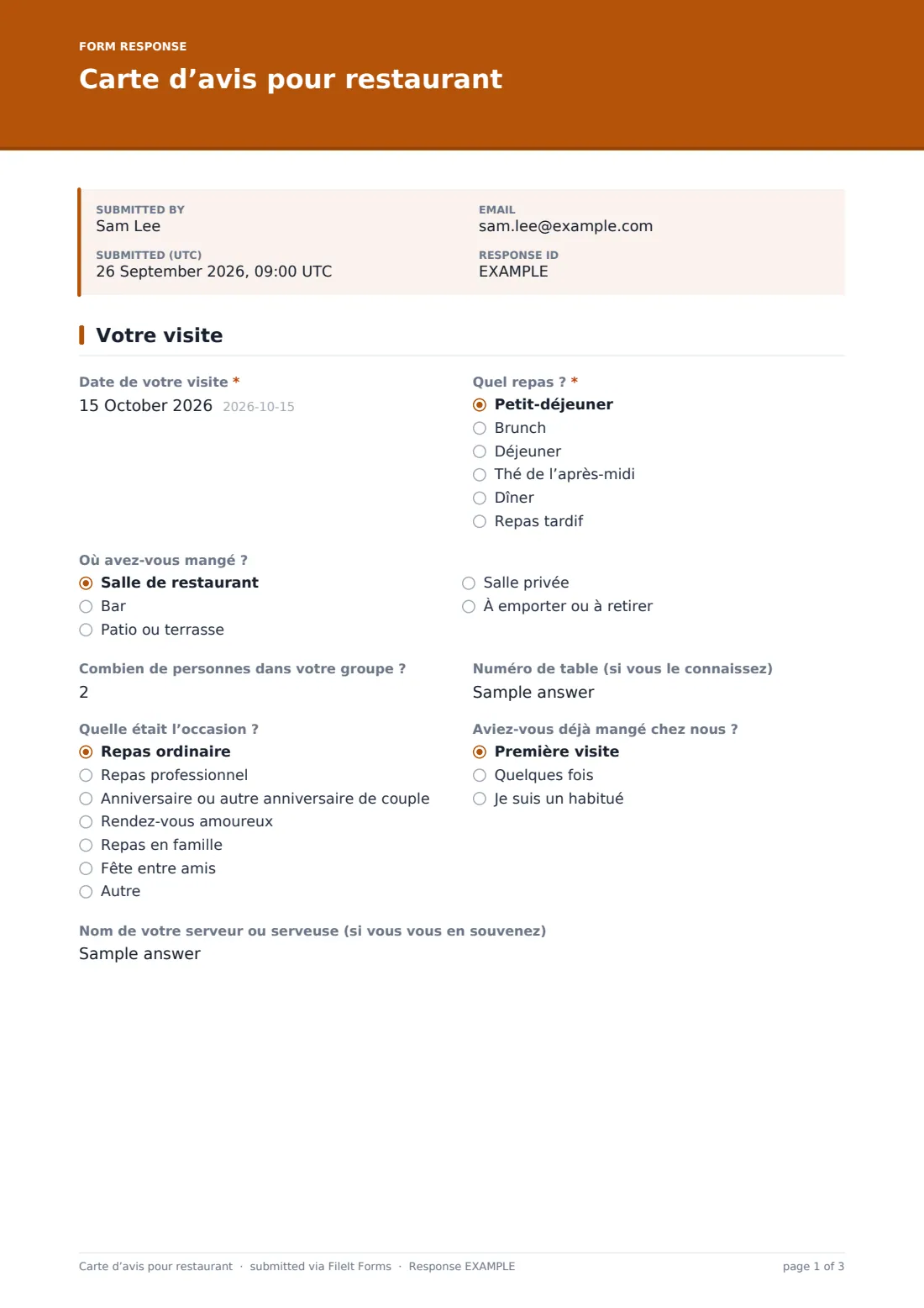 Carte d’avis pour restaurant — exemple de réponse au format PDF, page 1 sur 3