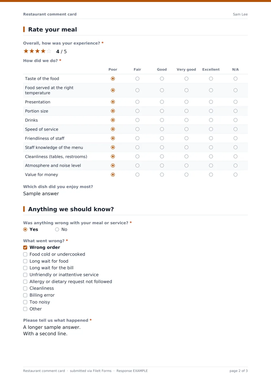 Restaurant comment card — example response PDF, page 2 of 3