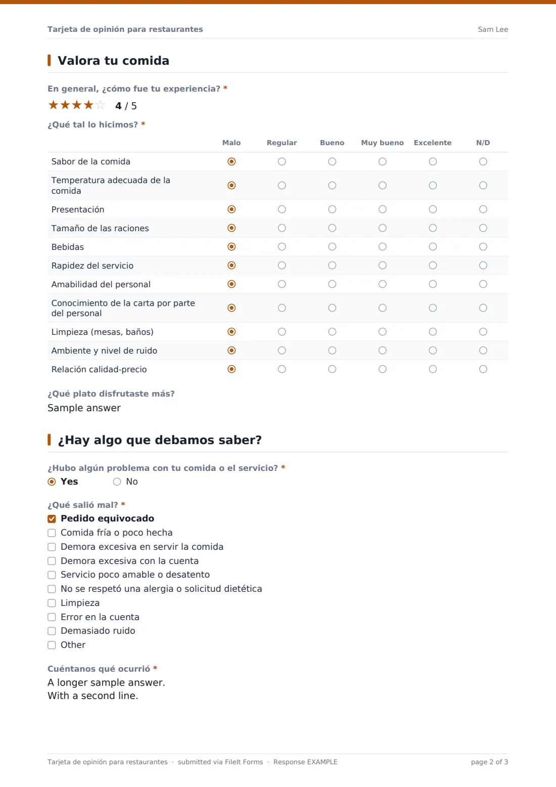 Tarjeta de opinión para restaurantes — PDF de respuesta de ejemplo, página 2 de 3