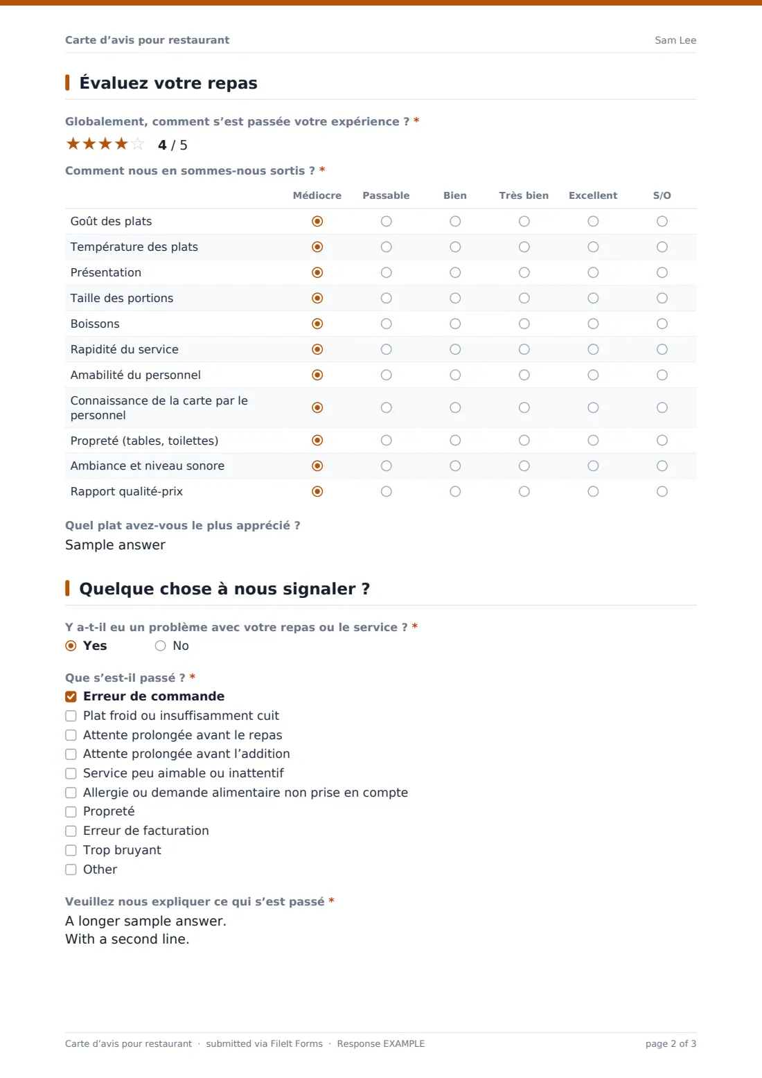 Carte d’avis pour restaurant — exemple de réponse au format PDF, page 2 sur 3