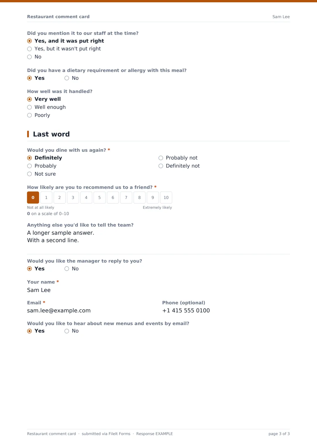 Restaurant comment card — example response PDF, page 3 of 3