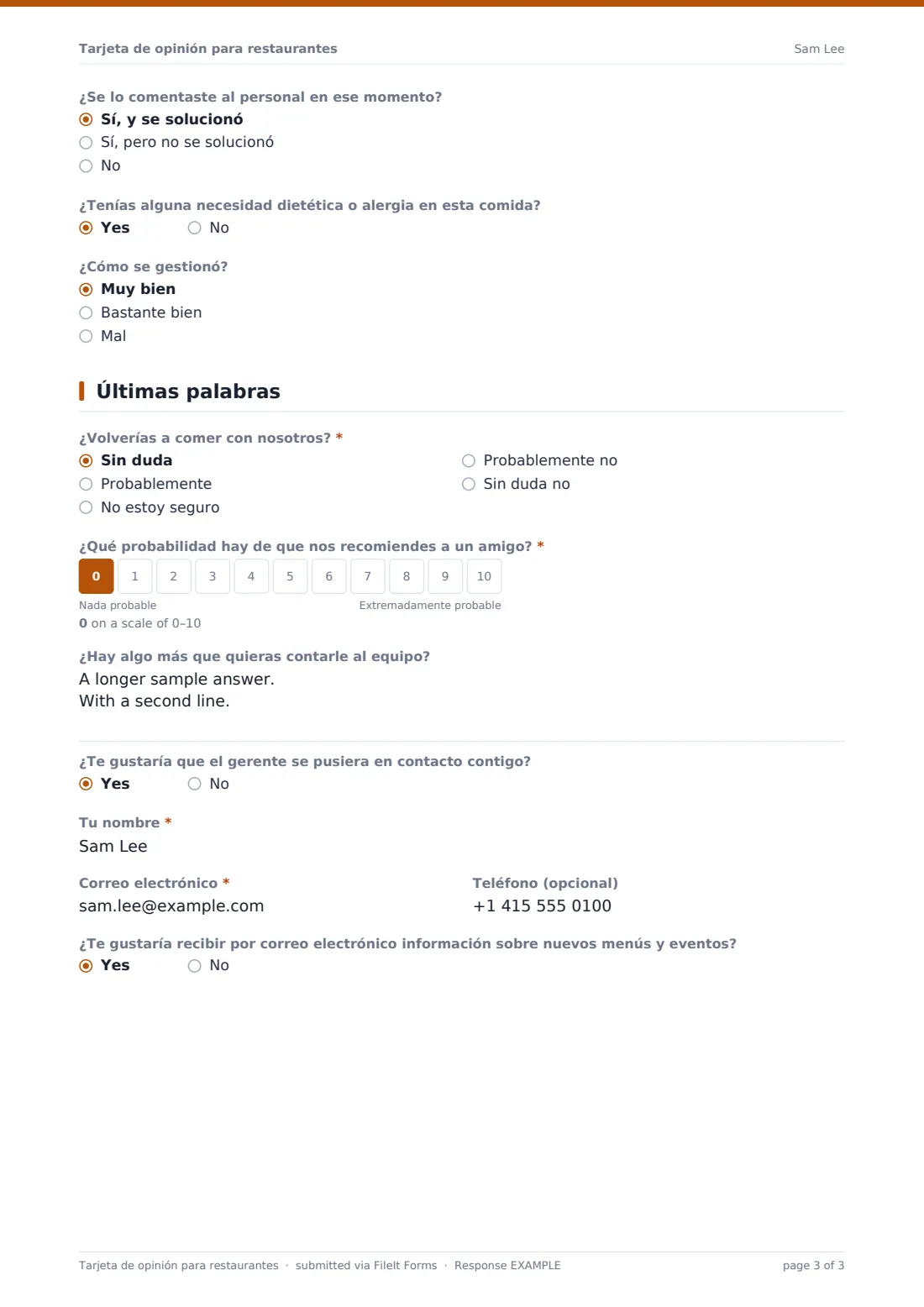 Tarjeta de opinión para restaurantes — PDF de respuesta de ejemplo, página 3 de 3