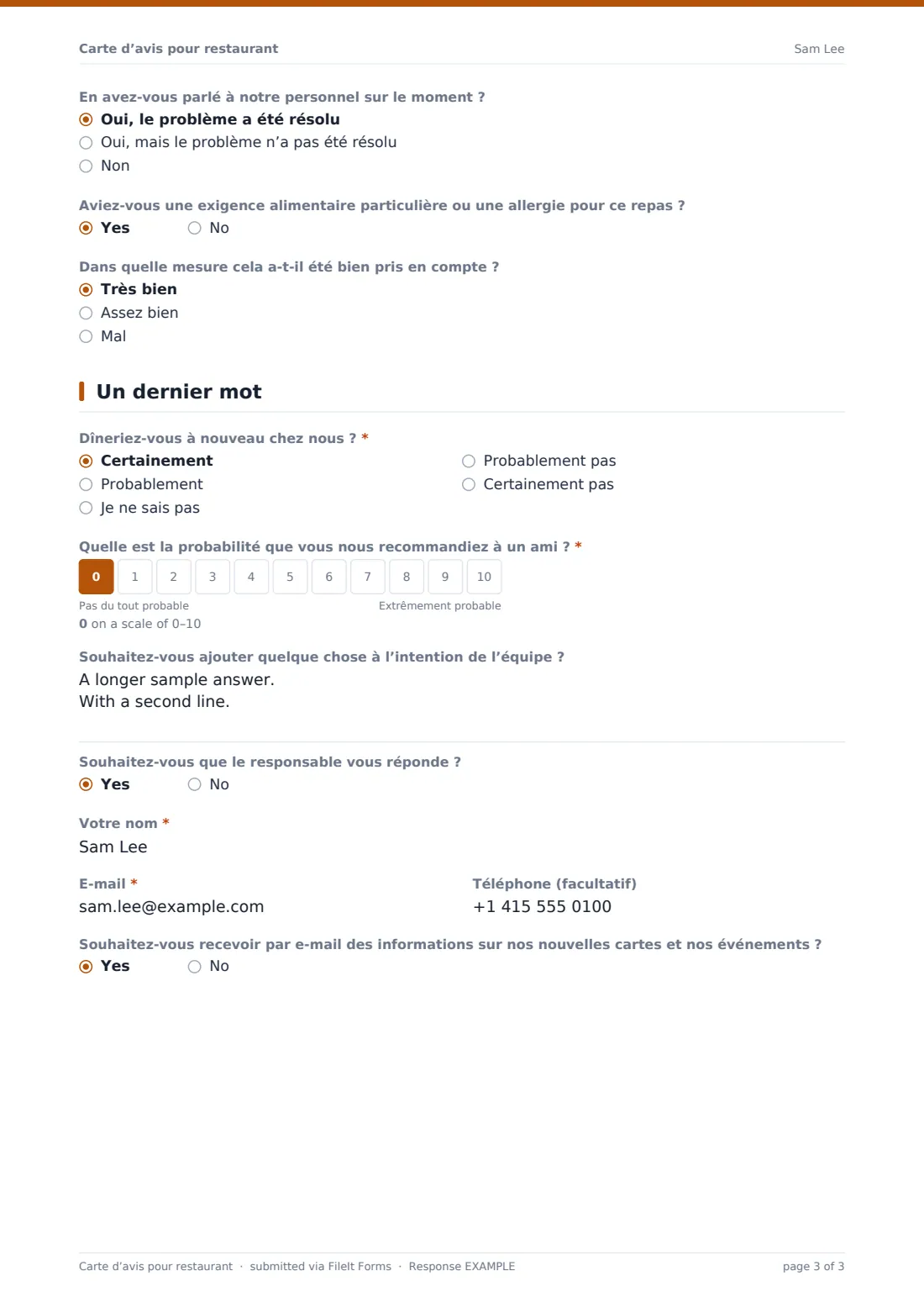 Carte d’avis pour restaurant — exemple de réponse au format PDF, page 3 sur 3