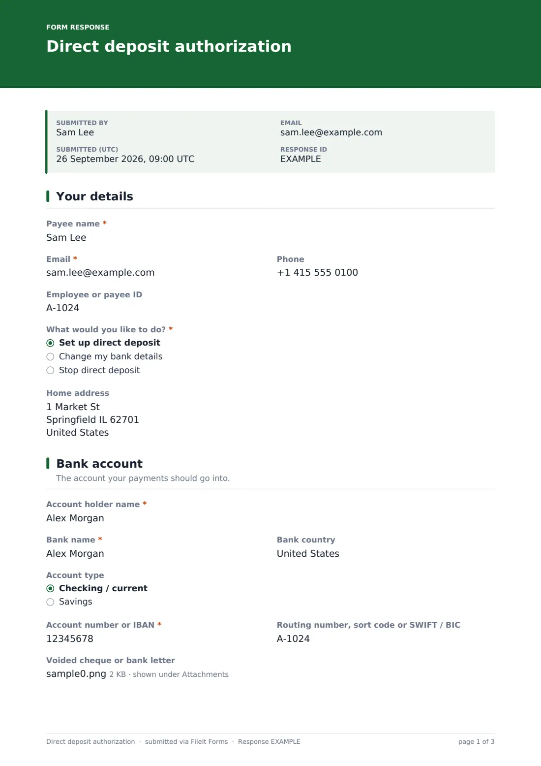 Direct deposit authorization — example response PDF, page 1 of 3