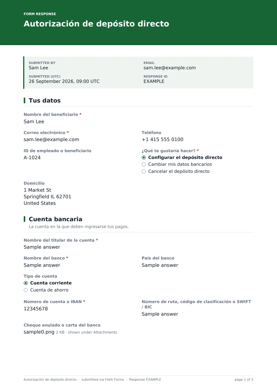 Autorización de depósito directo — PDF de respuesta de ejemplo, página 1 de 3