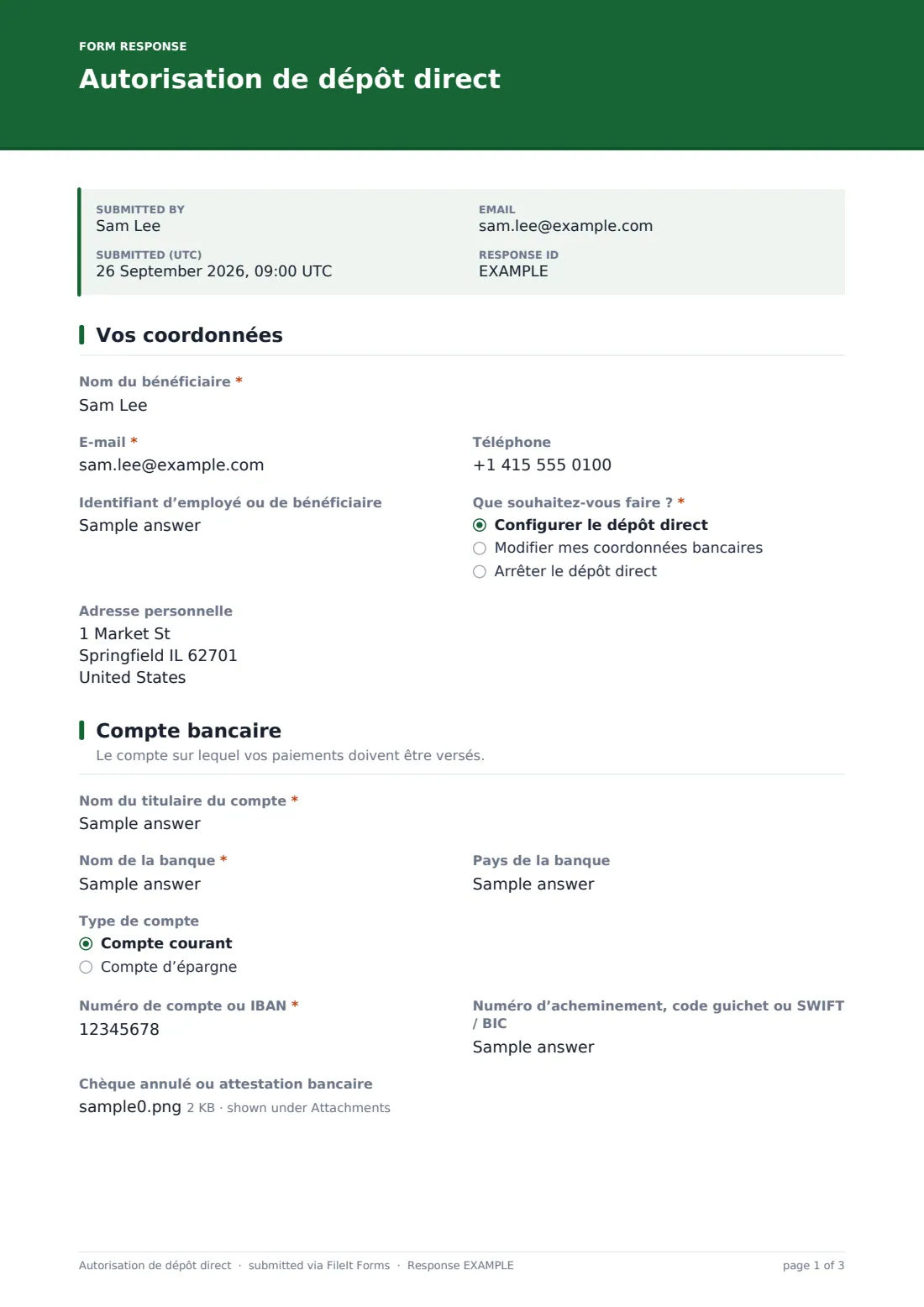 Autorisation de dépôt direct — exemple de réponse au format PDF, page 1 sur 3