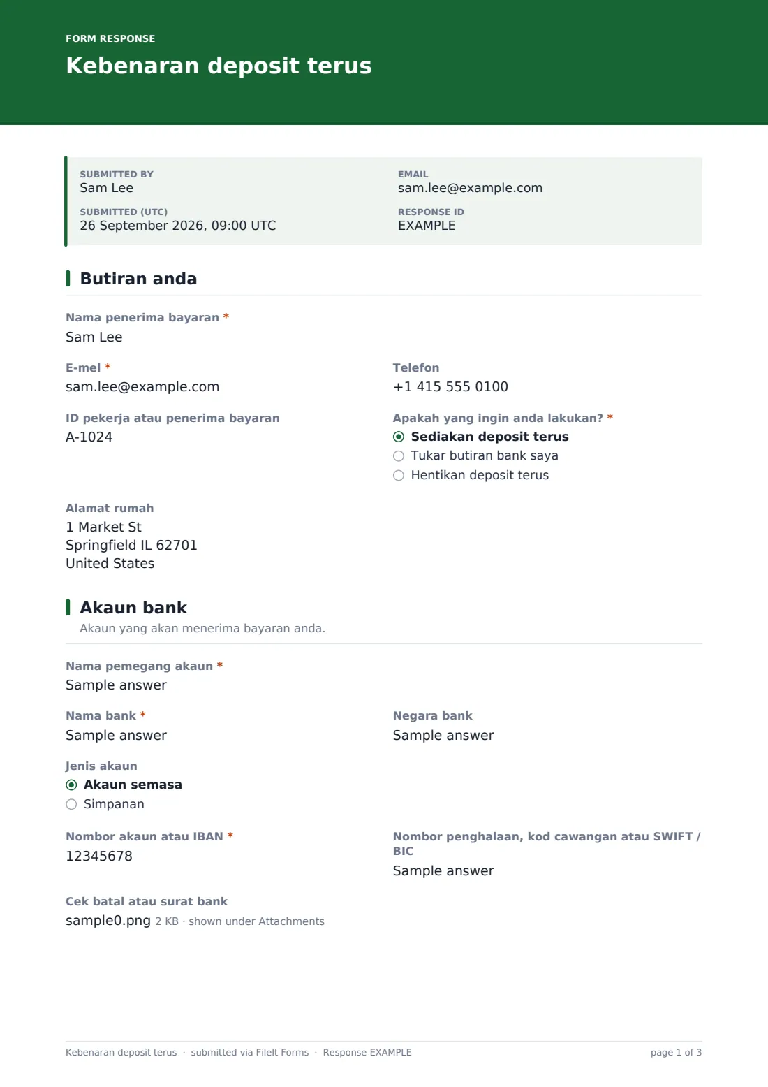 Kebenaran deposit terus — PDF respons contoh, halaman 1 daripada 3