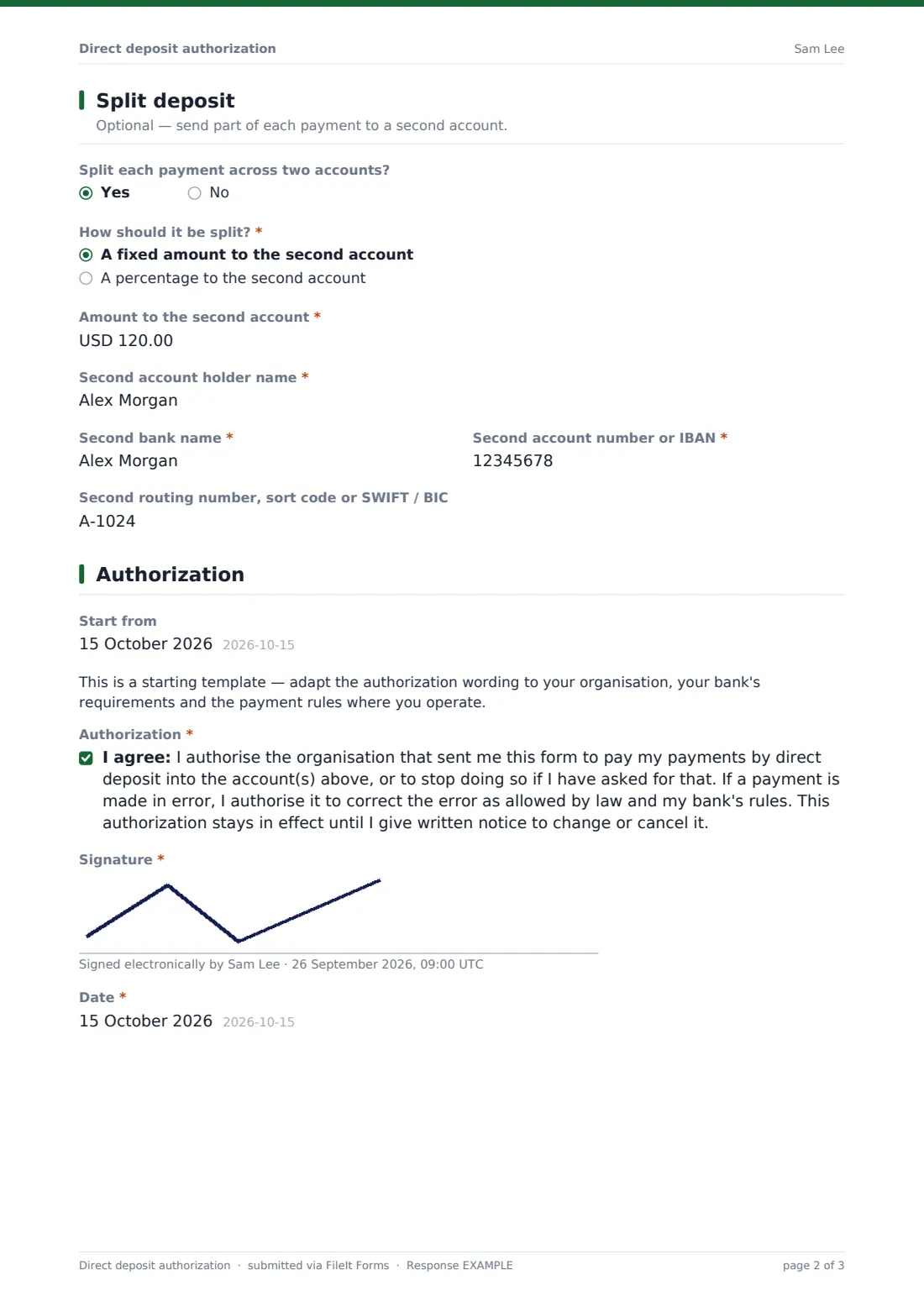 Direct deposit authorization — example response PDF, page 2 of 3