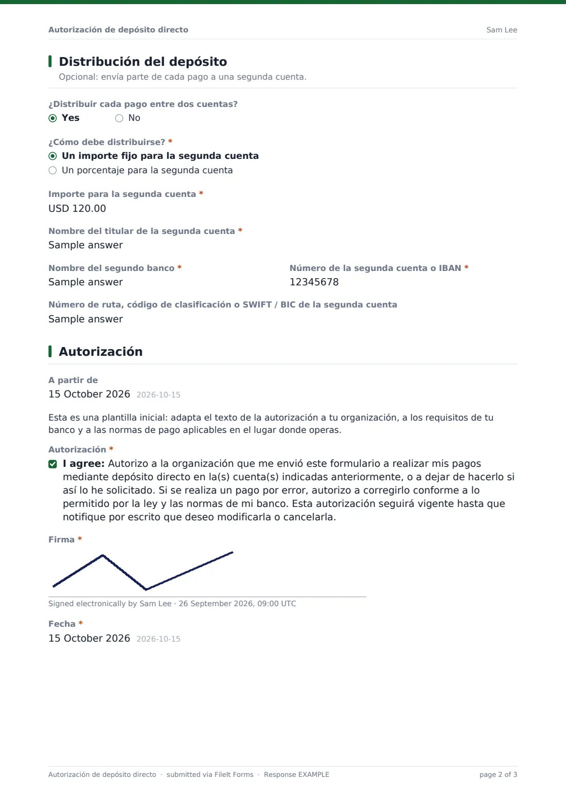 Autorización de depósito directo — PDF de respuesta de ejemplo, página 2 de 3