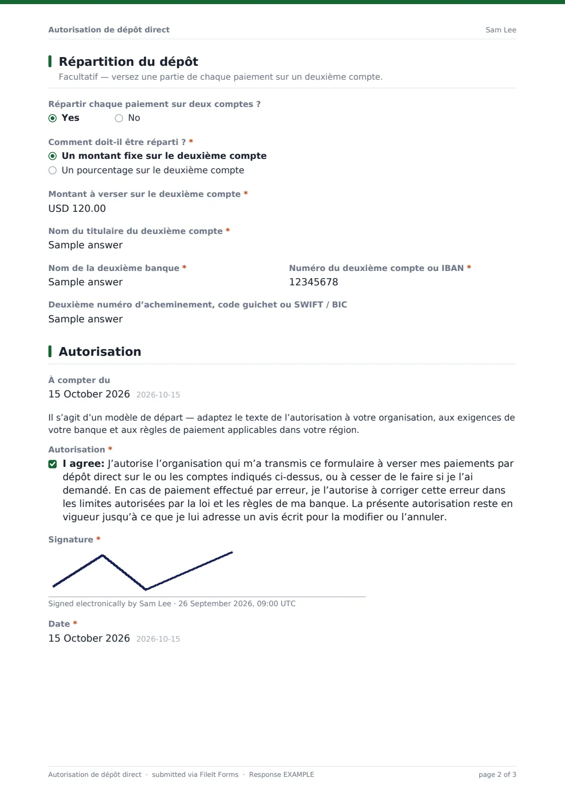Autorisation de dépôt direct — exemple de réponse au format PDF, page 2 sur 3