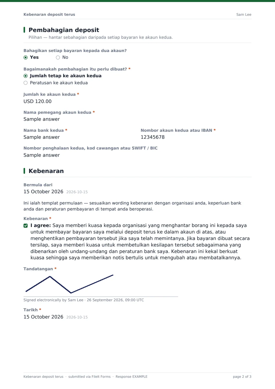 Kebenaran deposit terus — PDF respons contoh, halaman 2 daripada 3