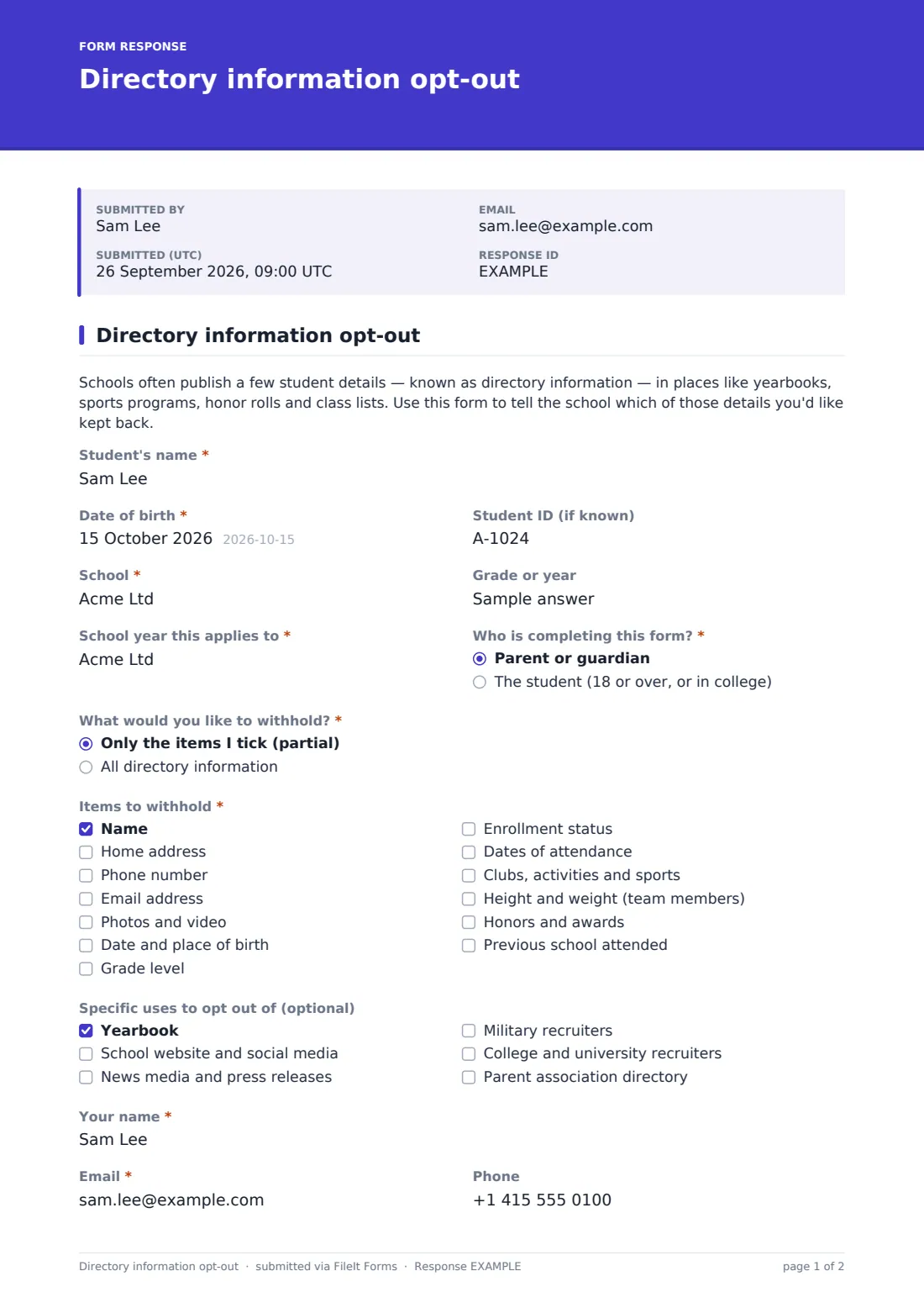 Directory information opt-out — example response PDF, page 1 of 2