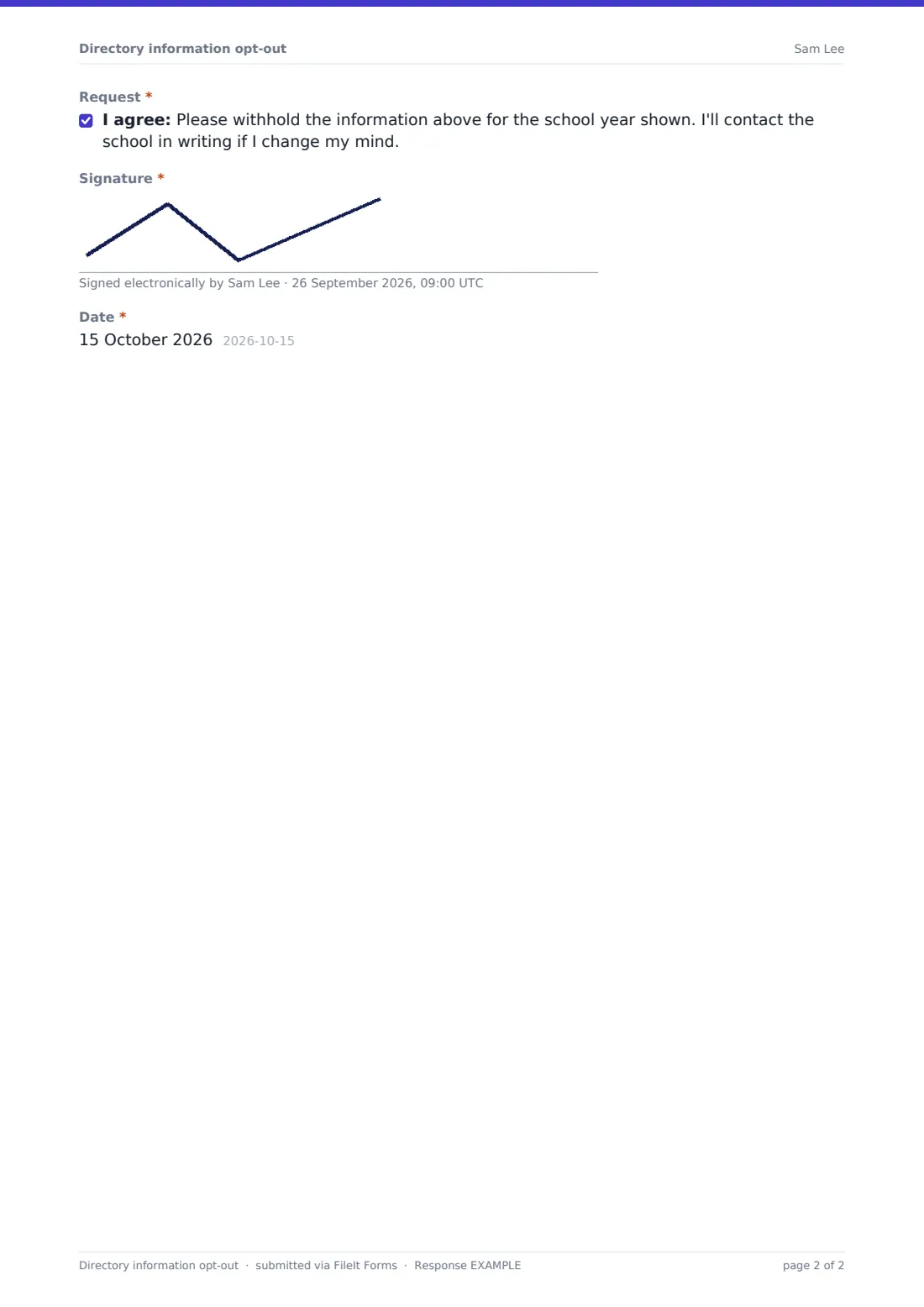 Directory information opt-out — example response PDF, page 2 of 2