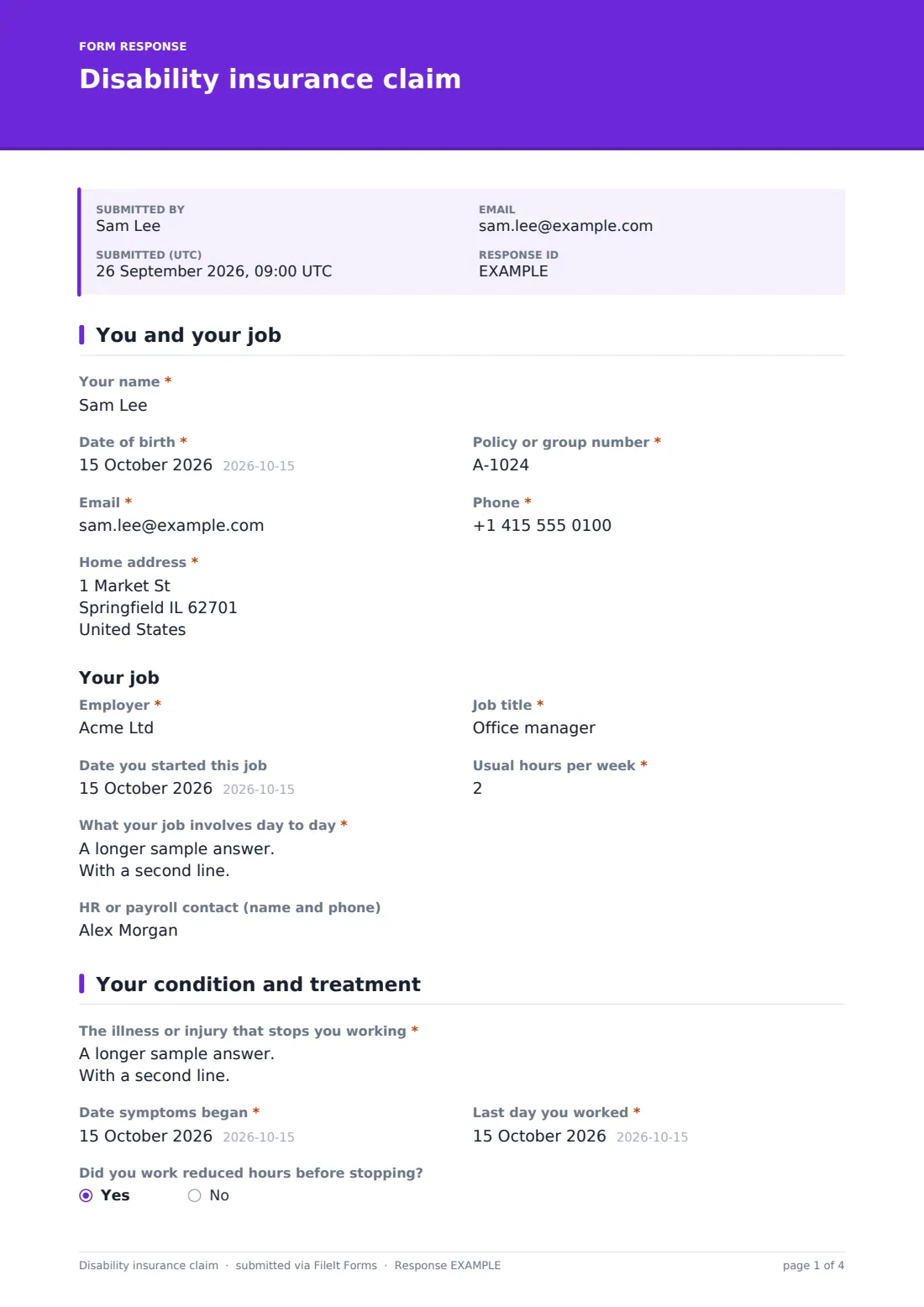 Disability insurance claim — example response PDF, page 1 of 4