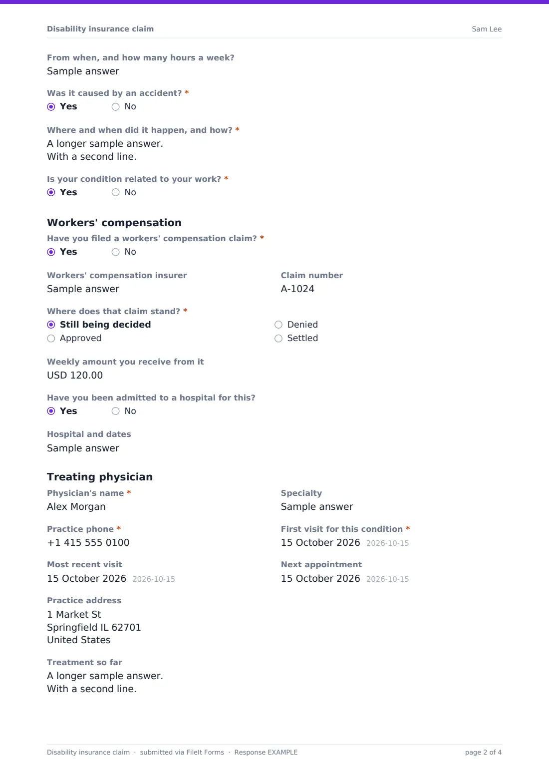 Disability insurance claim — example response PDF, page 2 of 4