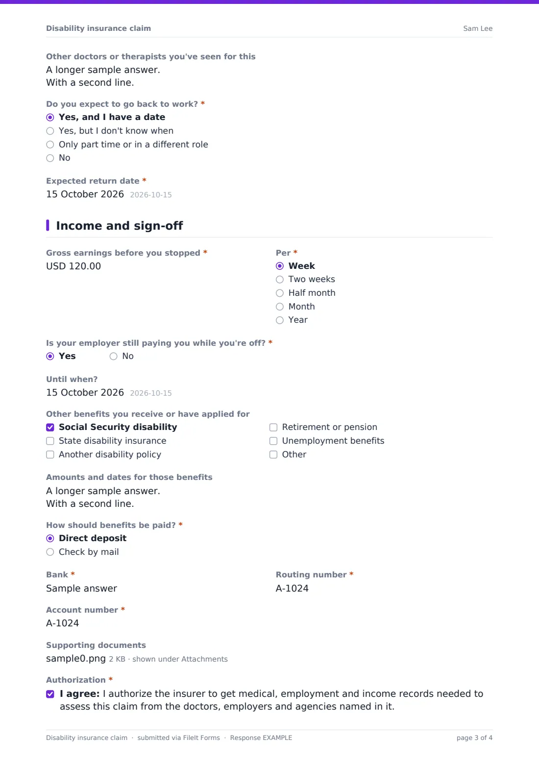 Disability insurance claim — example response PDF, page 3 of 4