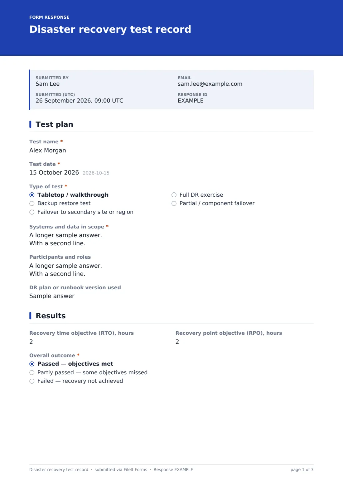 Disaster recovery test record — example response PDF, page 1 of 3
