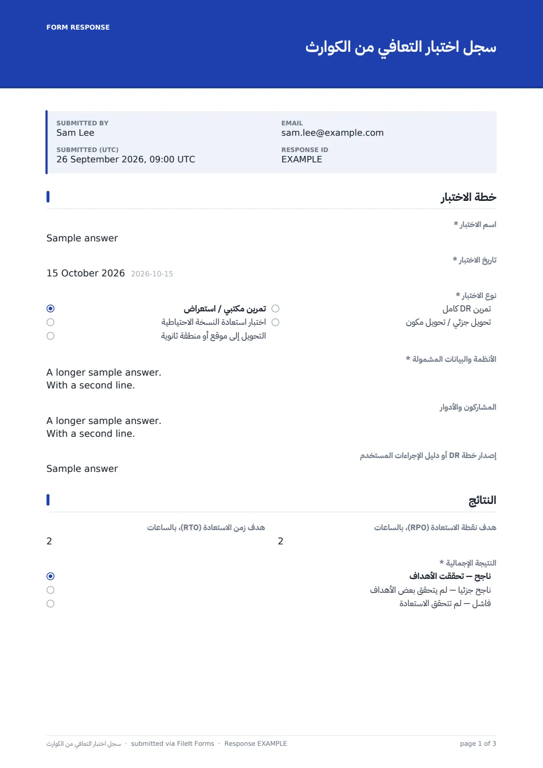 سجل اختبار التعافي من الكوارث — ملف PDF لرد نموذجي، الصفحة 1 من 3