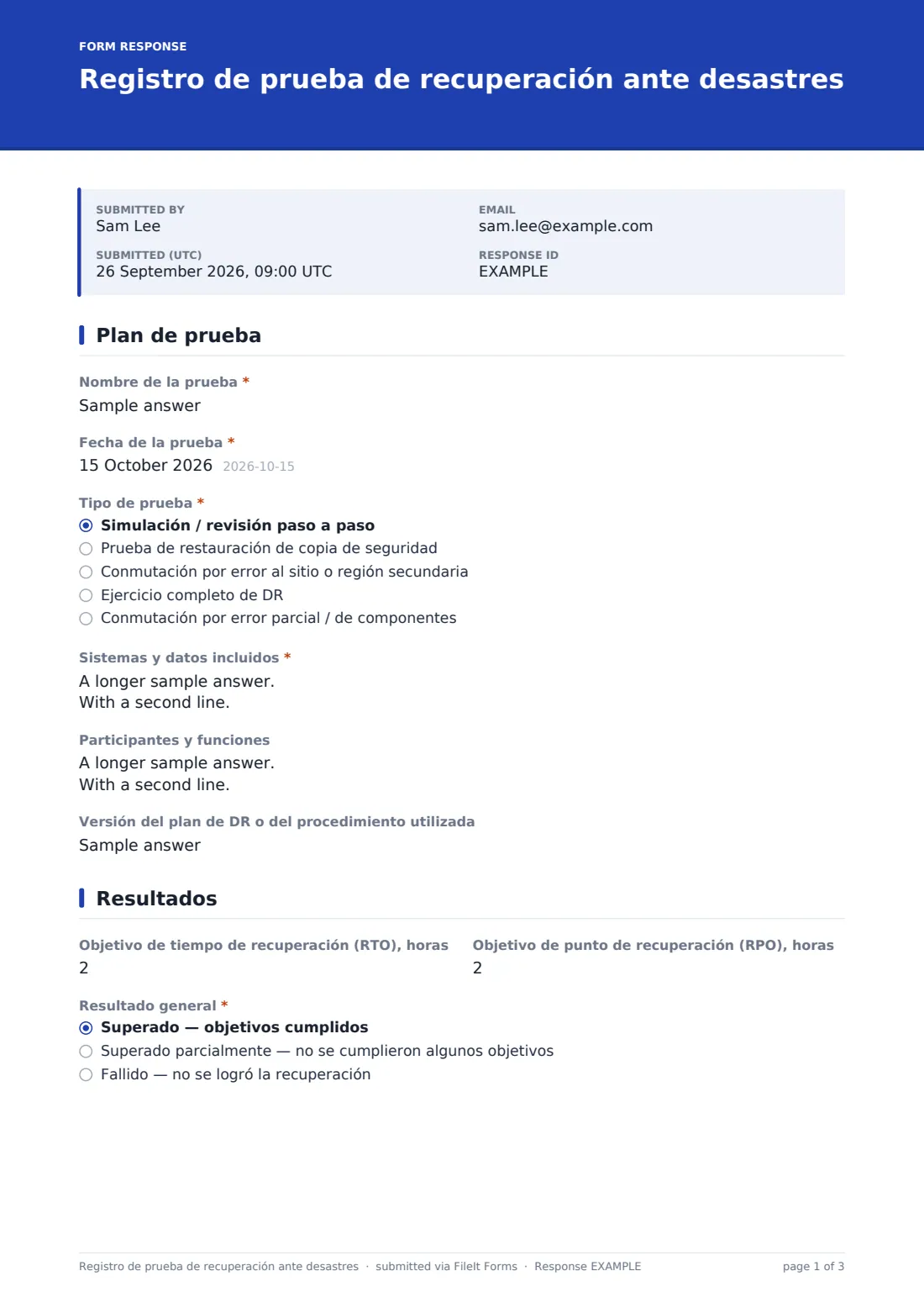 Registro de prueba de recuperación ante desastres — PDF de respuesta de ejemplo, página 1 de 3