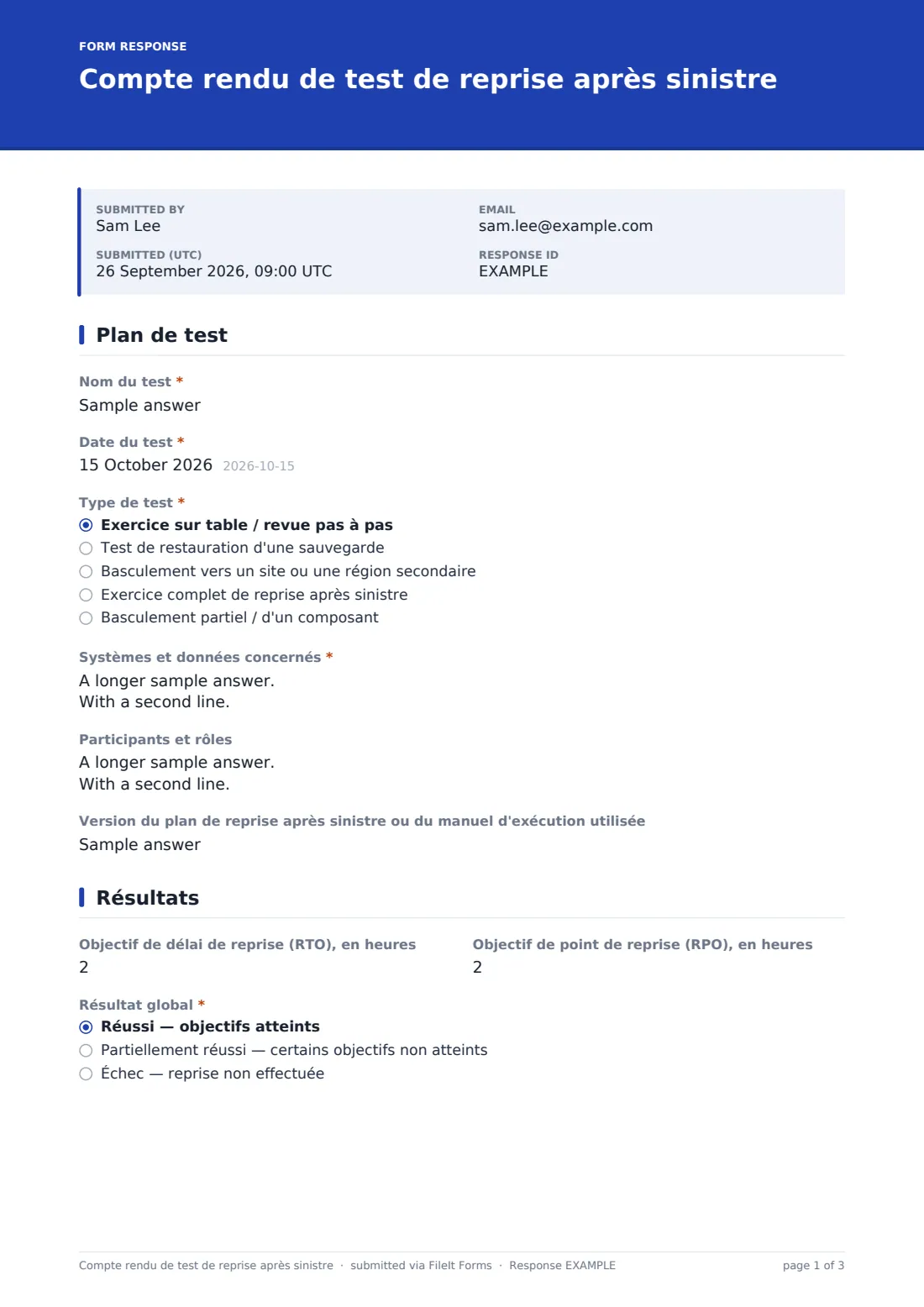 Compte rendu de test de reprise après sinistre — exemple de réponse au format PDF, page 1 sur 3