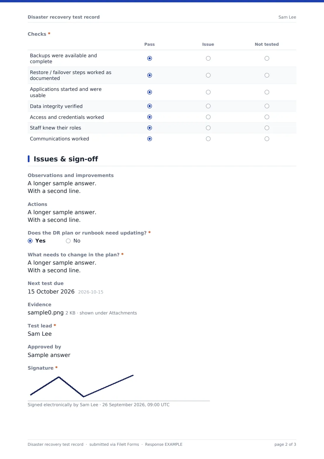 Disaster recovery test record — example response PDF, page 2 of 3