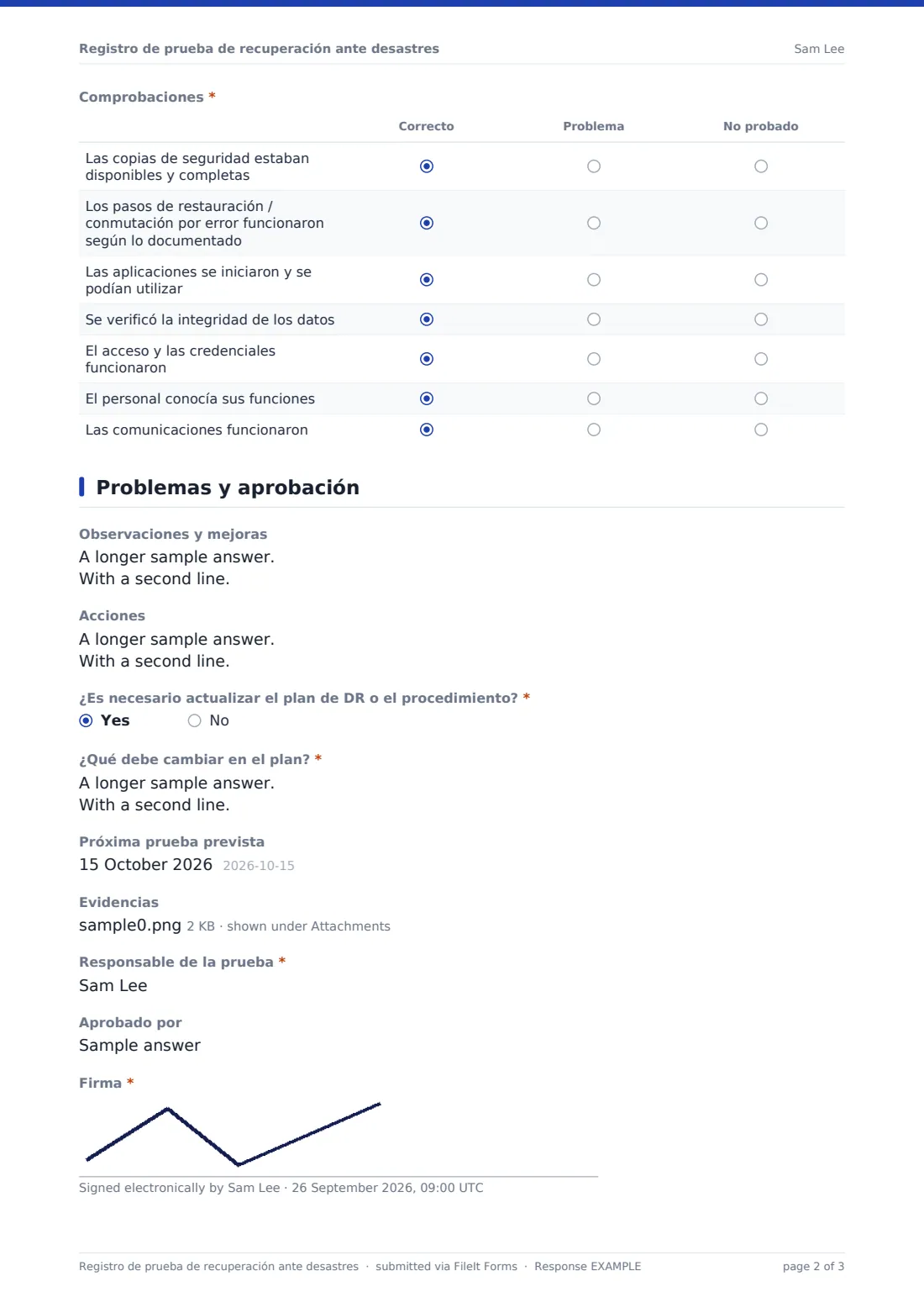Registro de prueba de recuperación ante desastres — PDF de respuesta de ejemplo, página 2 de 3