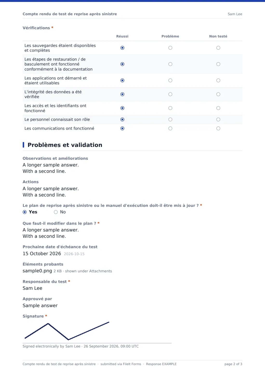 Compte rendu de test de reprise après sinistre — exemple de réponse au format PDF, page 2 sur 3