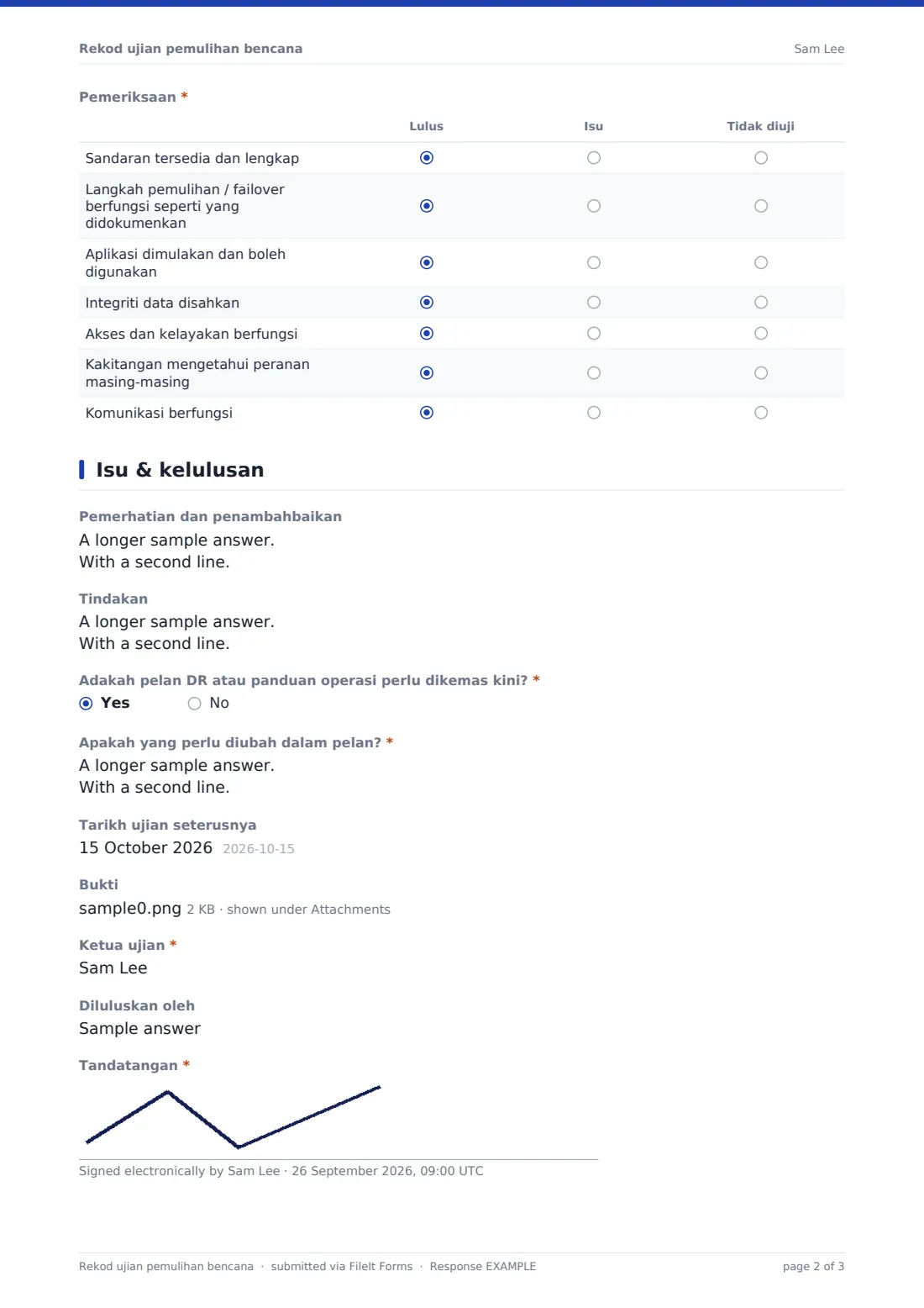 Rekod ujian pemulihan bencana — PDF respons contoh, halaman 2 daripada 3