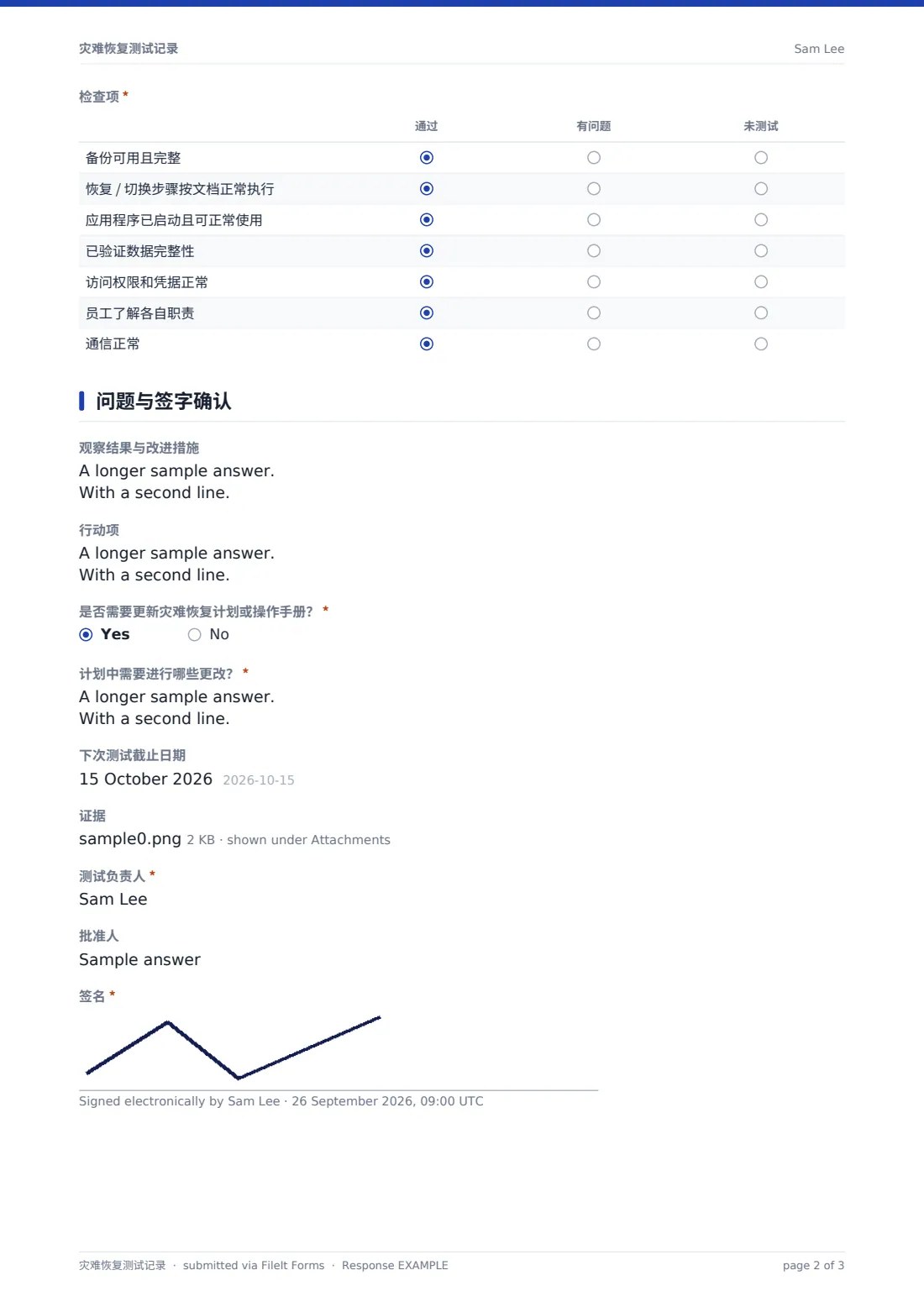 灾难恢复测试记录 — 示例回复 PDF，第 2 页，共 3 页