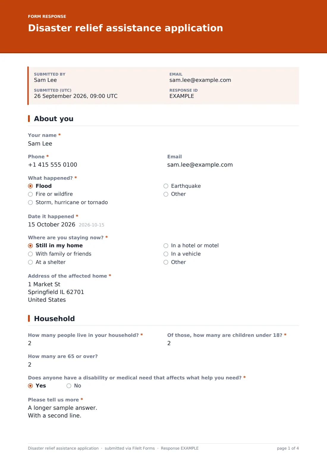 Disaster relief assistance application — example response PDF, page 1 of 4