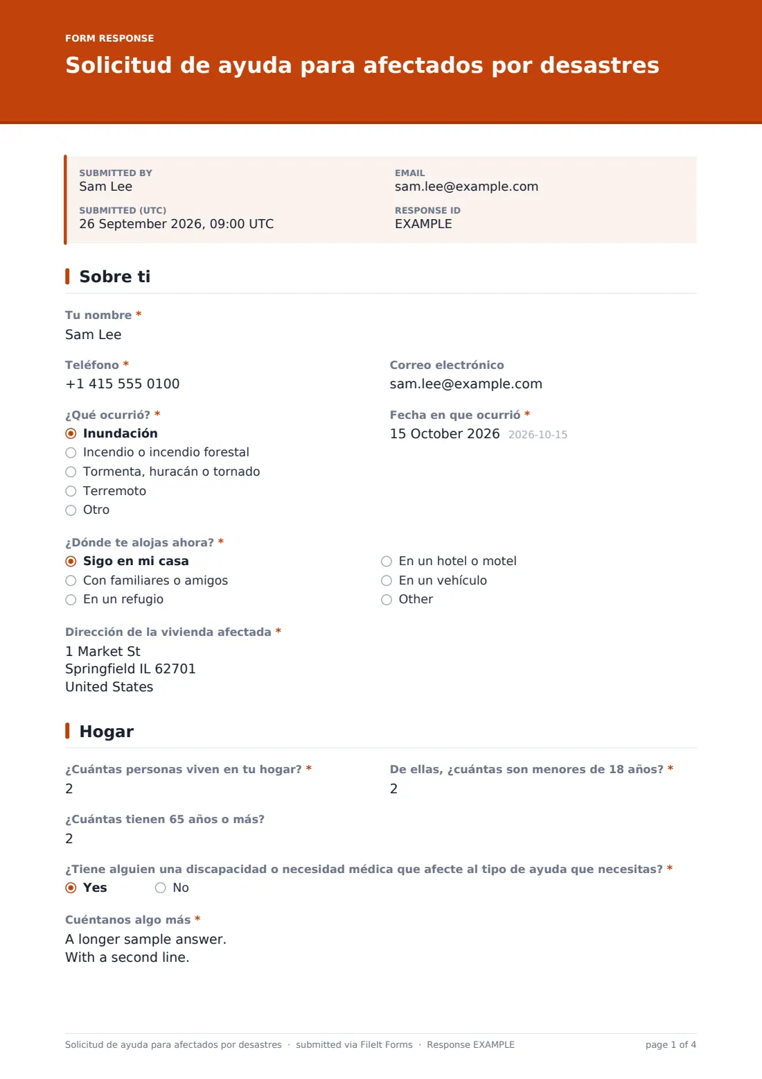 Solicitud de ayuda para afectados por desastres — PDF de respuesta de ejemplo, página 1 de 4