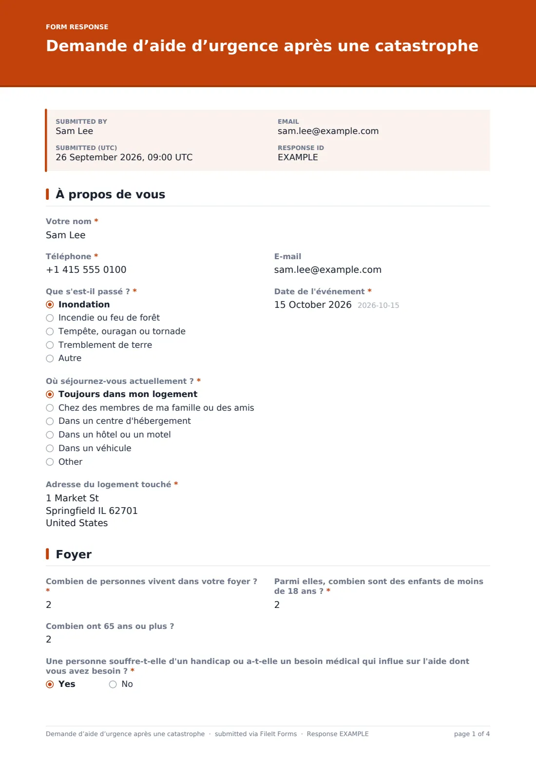 Demande d’aide d’urgence après une catastrophe — exemple de réponse au format PDF, page 1 sur 4