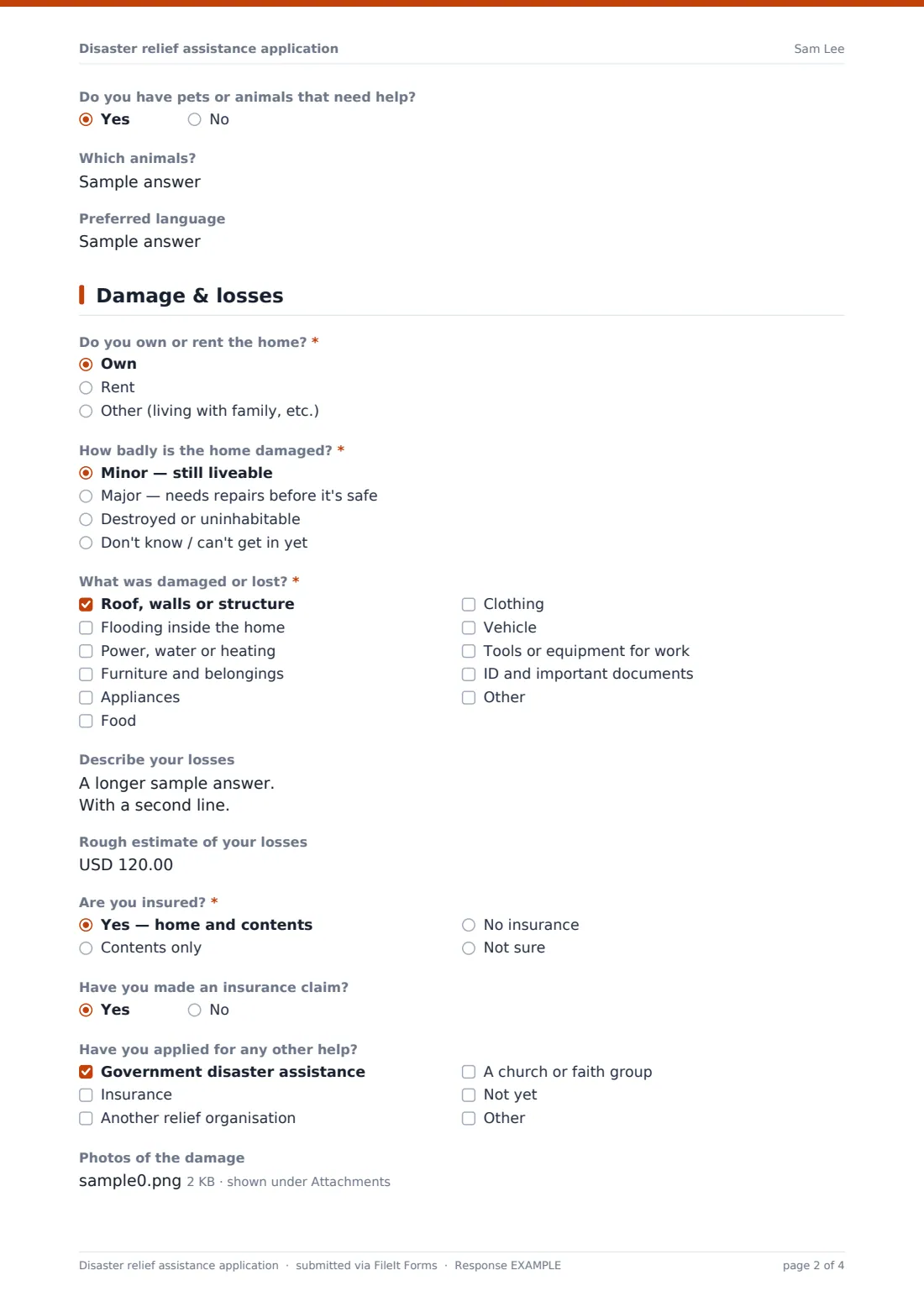 Disaster relief assistance application — example response PDF, page 2 of 4