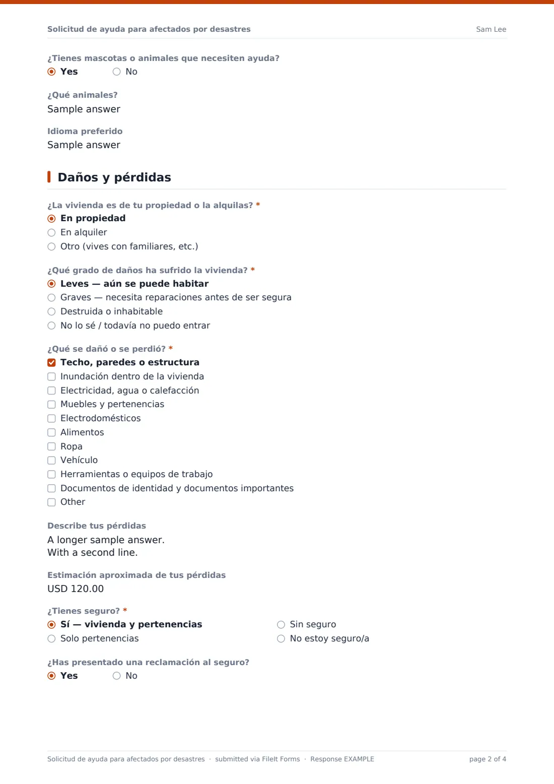Solicitud de ayuda para afectados por desastres — PDF de respuesta de ejemplo, página 2 de 4